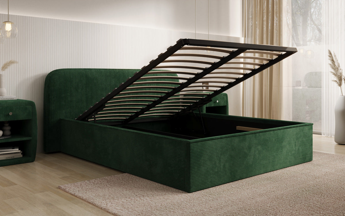 Designer upholstered bed Nola in Corduroy with storage space