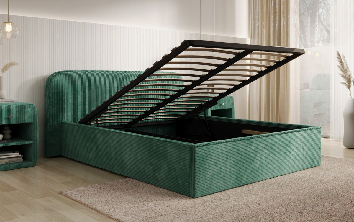 Designer upholstered bed Nola in Corduroy with storage space