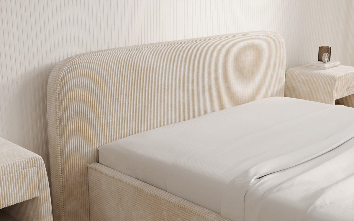 Designer upholstered bed Nola in Corduroy with storage space