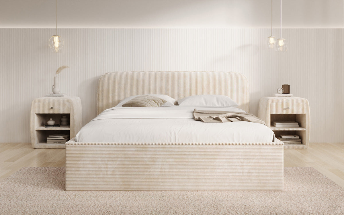 Designer upholstered bed Nola in Corduroy with storage space