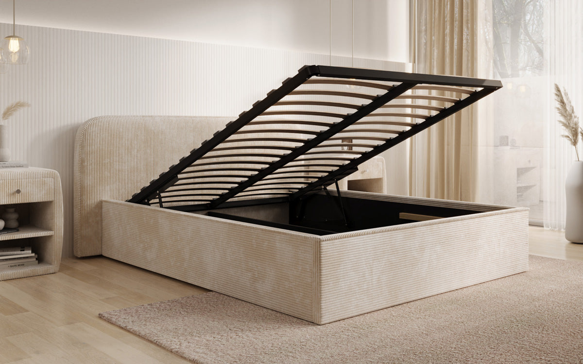 Designer upholstered bed Nola in Corduroy with storage space