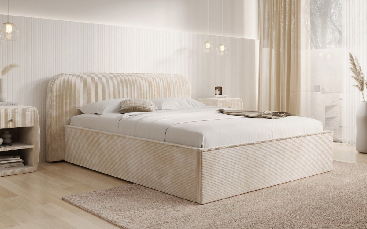 Designer upholstered bed Nola in Corduroy with storage space