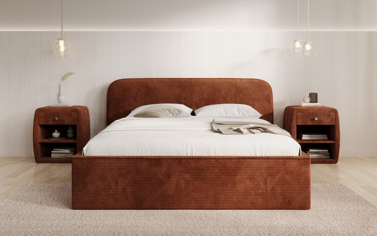 Designer upholstered bed Nola in Corduroy with storage space