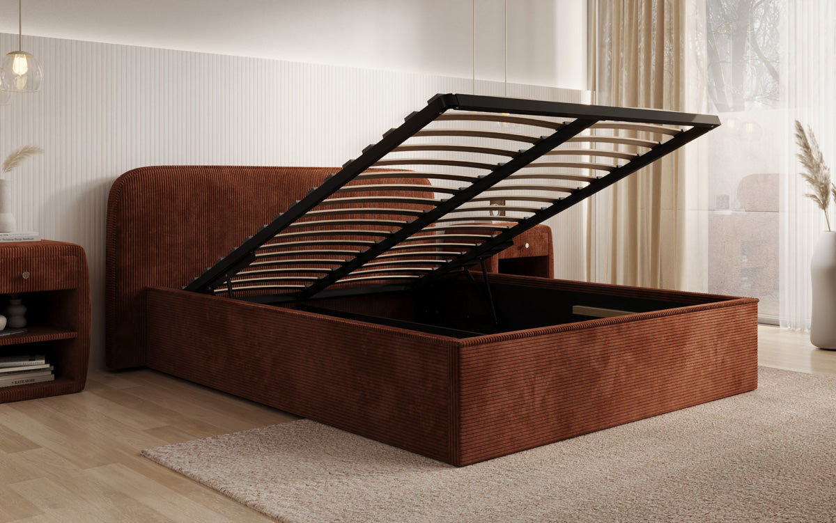 Designer upholstered bed Nola in Corduroy with storage space