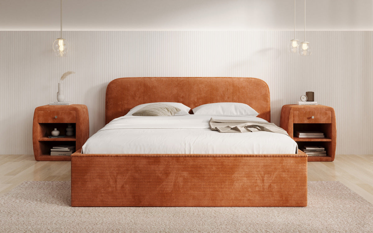 Designer upholstered bed Nola in Corduroy with storage space