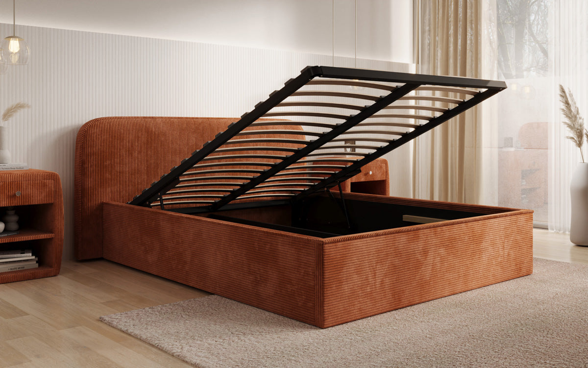 Designer upholstered bed Nola in Corduroy with storage space