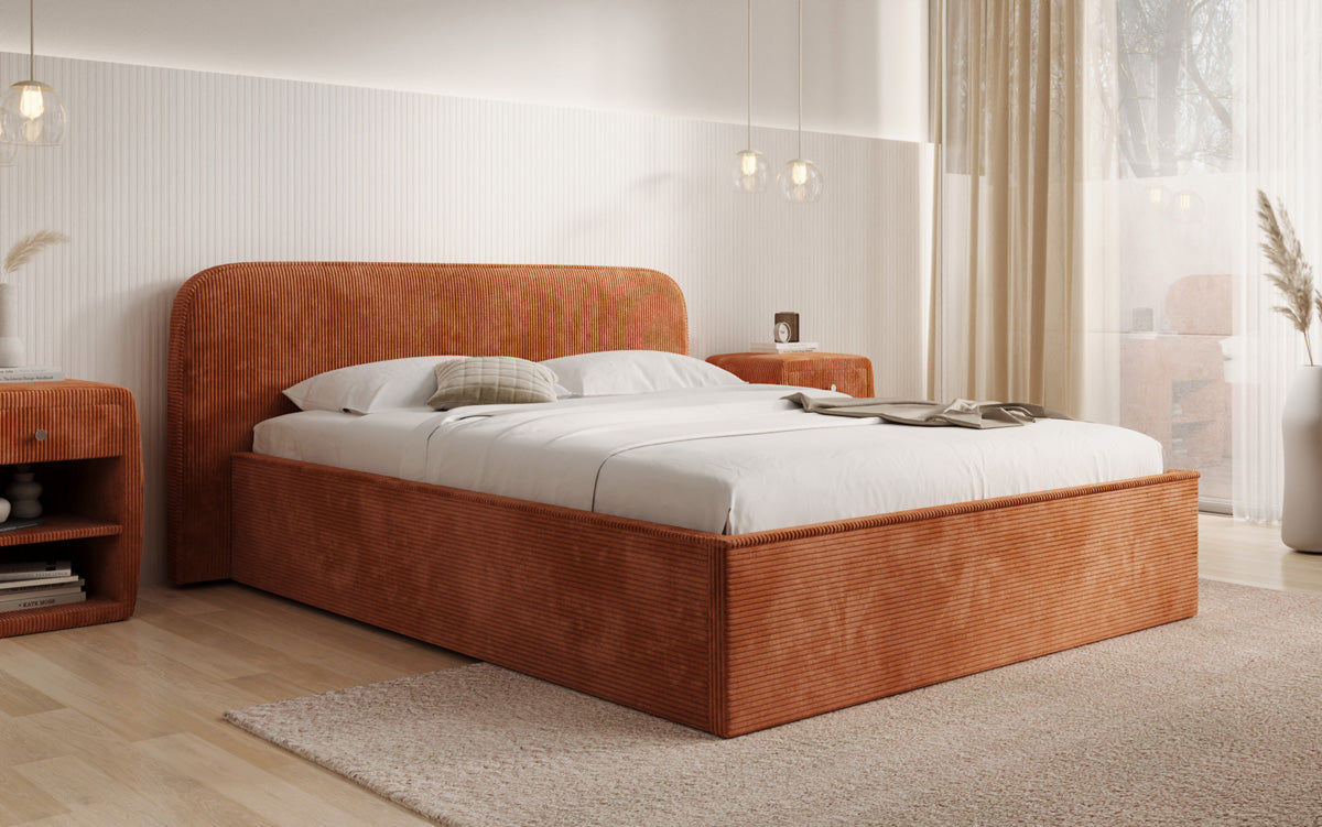 Designer upholstered bed Nola in Corduroy with storage space