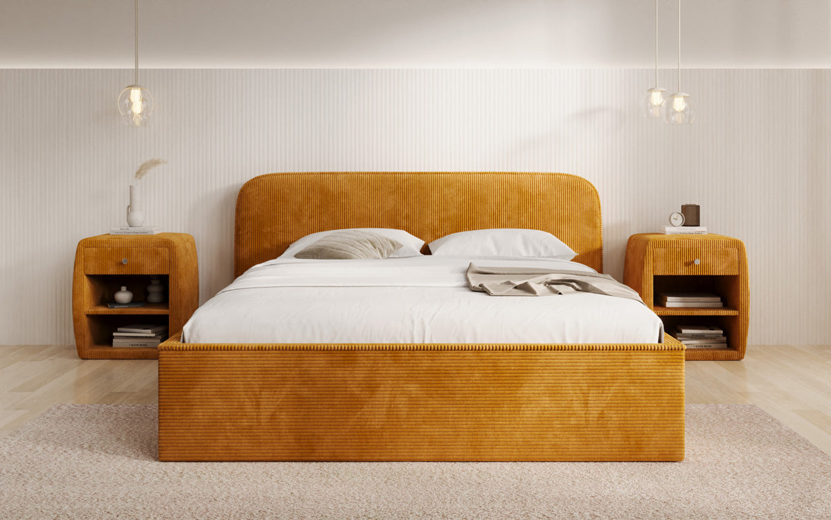 Designer upholstered bed Nola in Corduroy with storage space