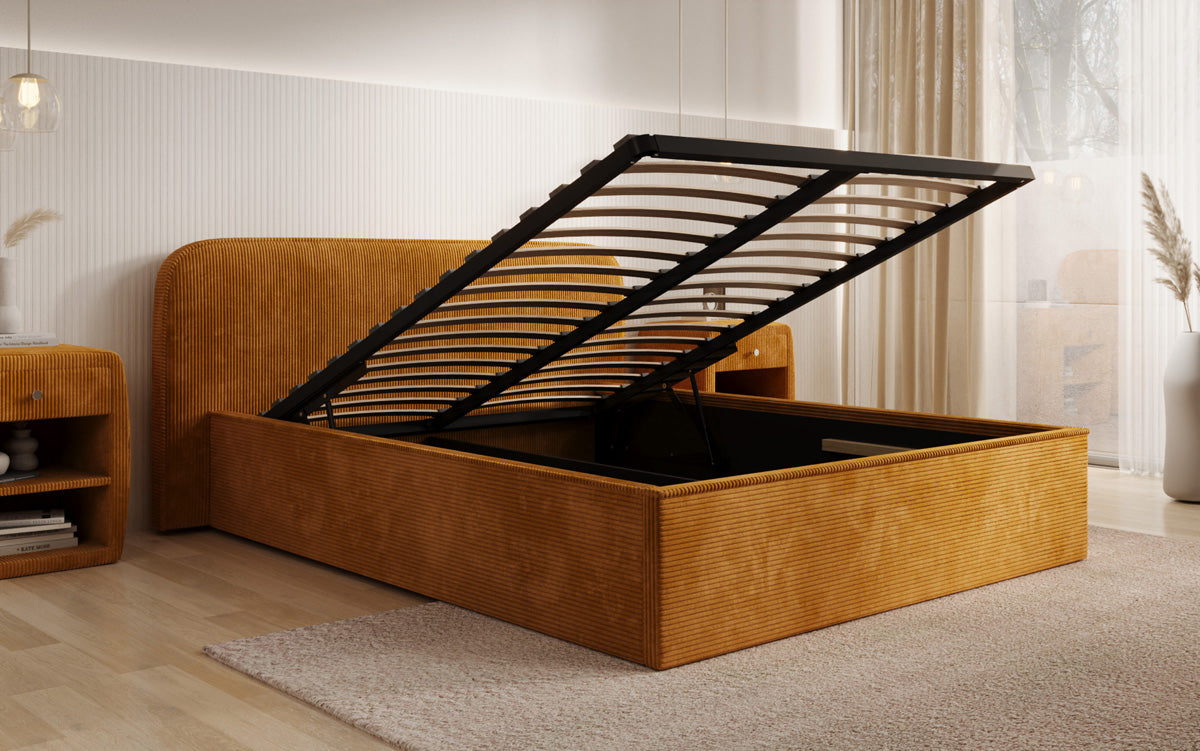 Designer upholstered bed Nola in Corduroy with storage space