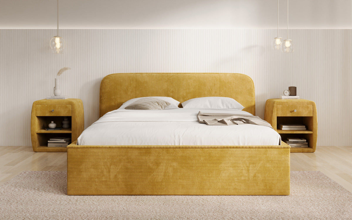 Designer upholstered bed Nola in Corduroy with storage space