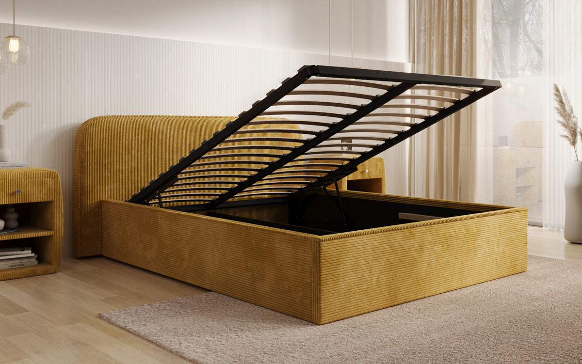 Designer upholstered bed Nola in Corduroy with storage space