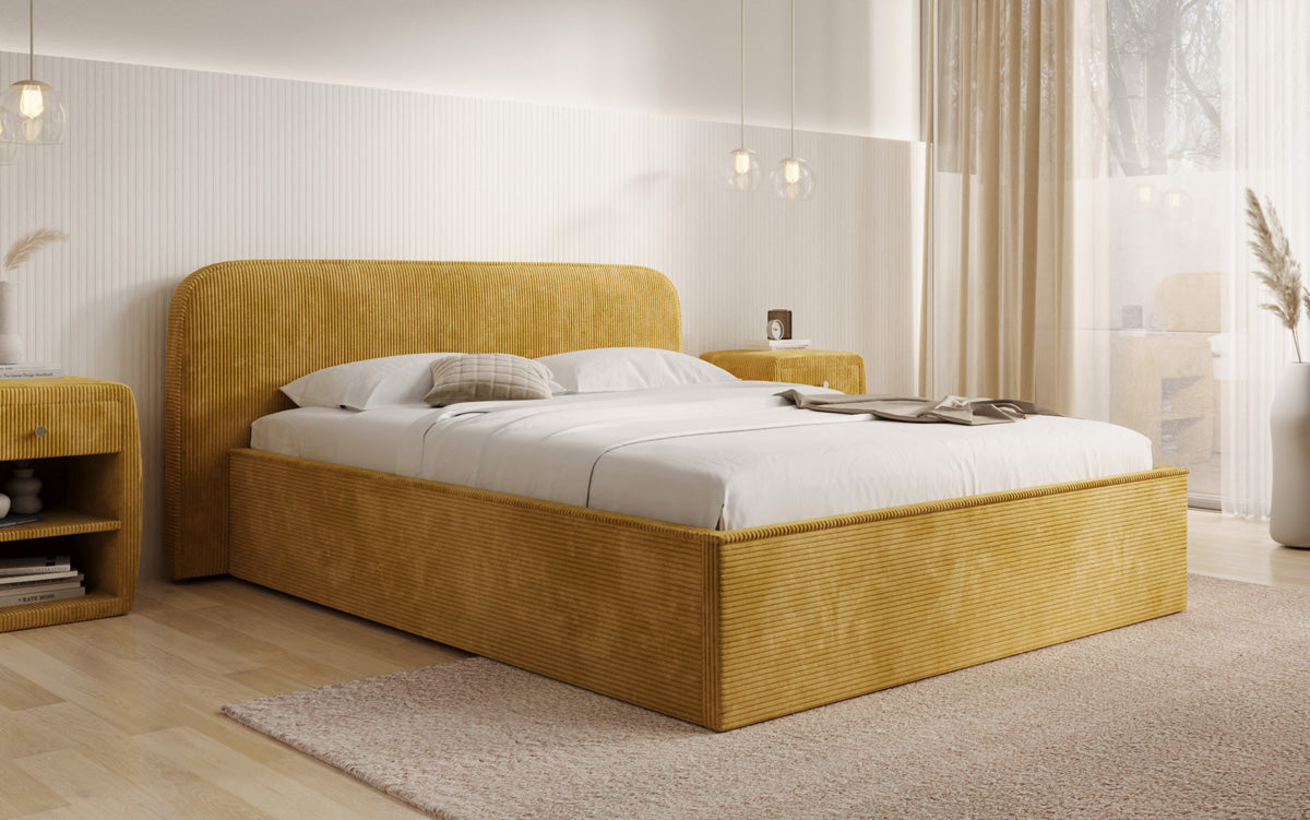 Designer upholstered bed Nola in Corduroy with storage space