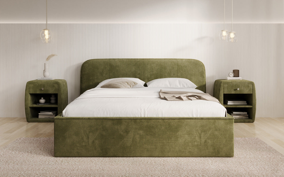 Designer upholstered bed Nola in Corduroy with storage space
