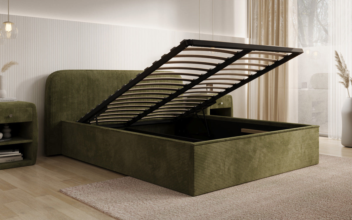 Designer upholstered bed Nola in Corduroy with storage space