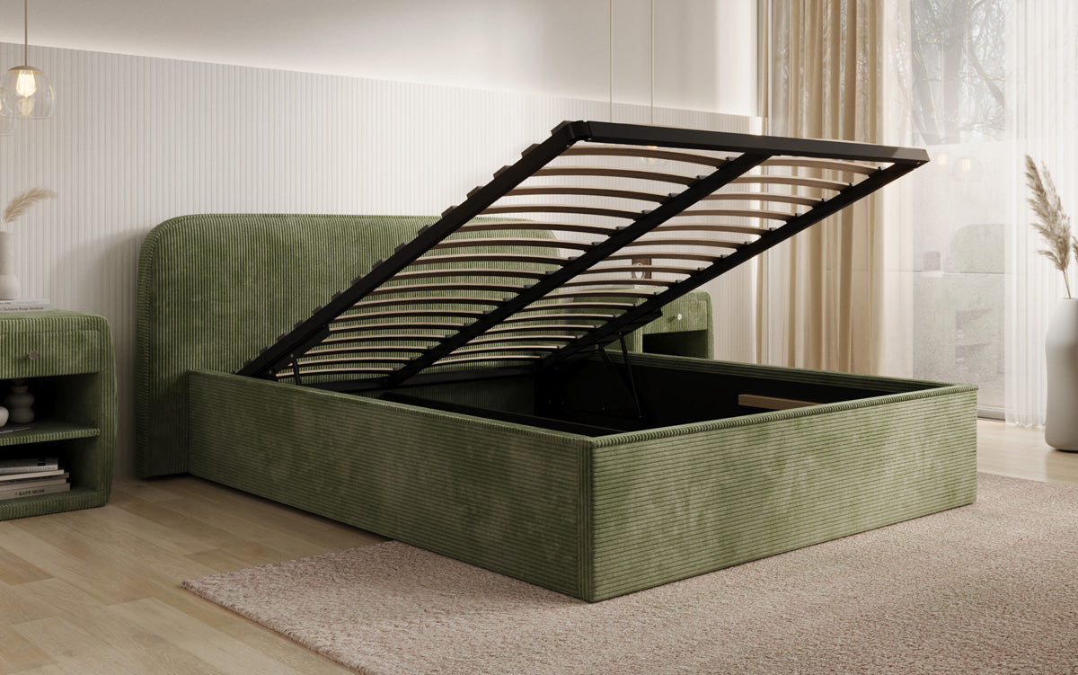 Designer upholstered bed Nola in Corduroy with storage space