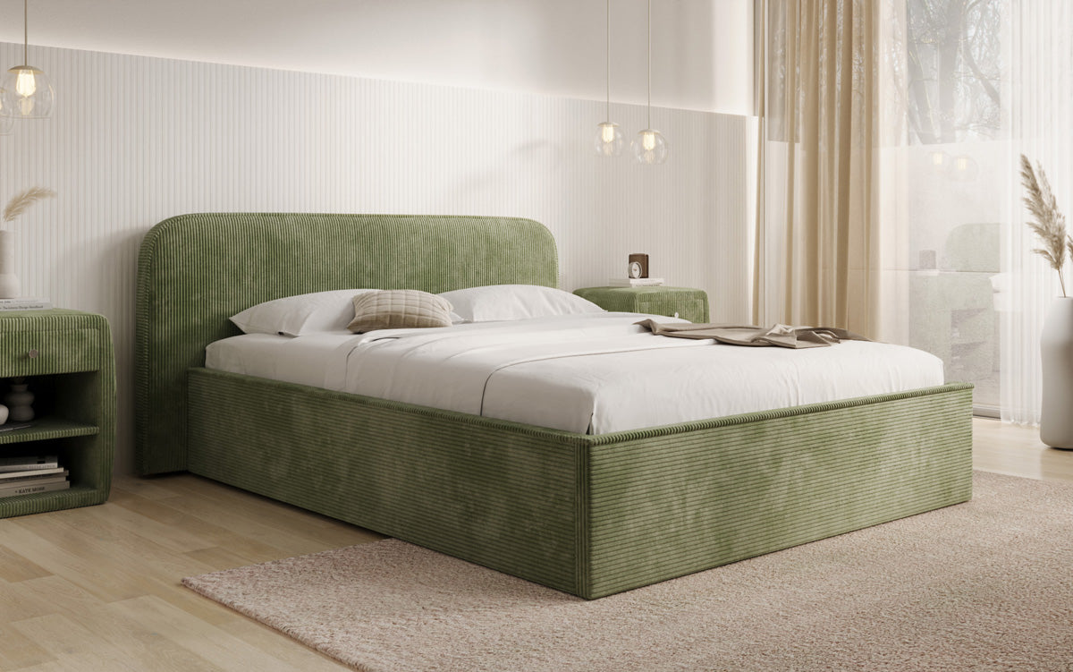 Designer upholstered bed Nola in Corduroy with storage space
