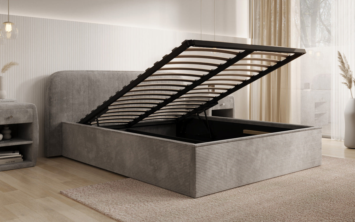Designer upholstered bed Nola in Corduroy with storage space