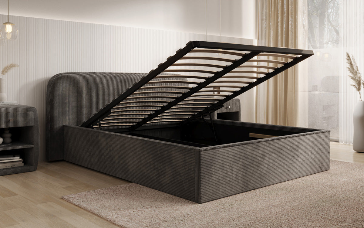 Designer upholstered bed Nola in Corduroy with storage space