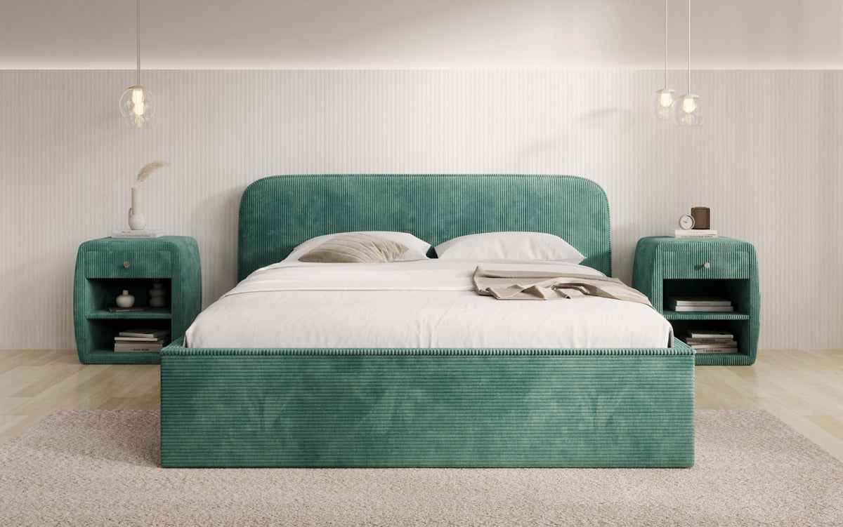 Designer upholstered bed Nola in Corduroy with storage space