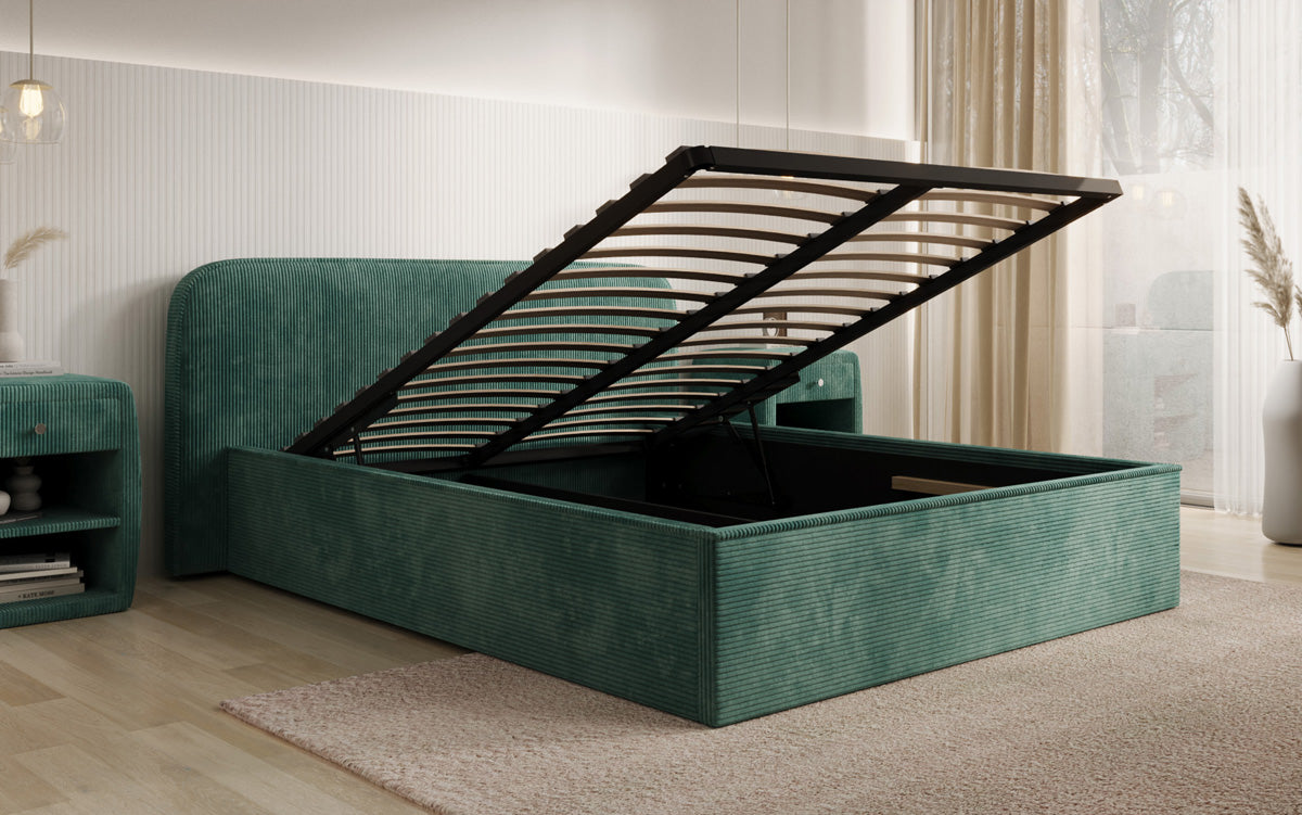 Designer upholstered bed Nola in Corduroy with storage space