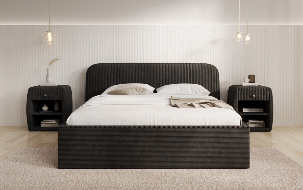 Designer upholstered bed Nola in Corduroy with storage space
