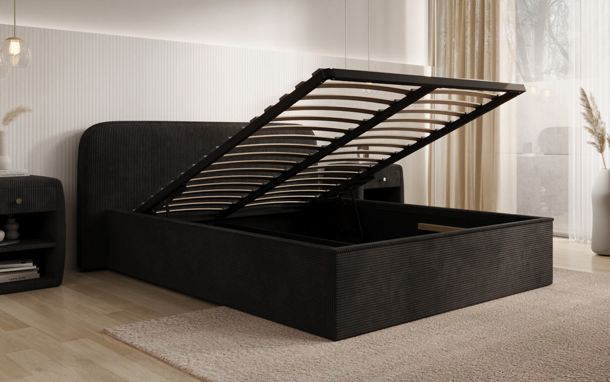 Designer upholstered bed Nola in Corduroy with storage space