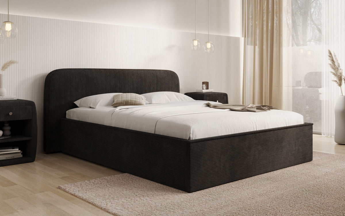 Designer upholstered bed Nola in Corduroy with storage space