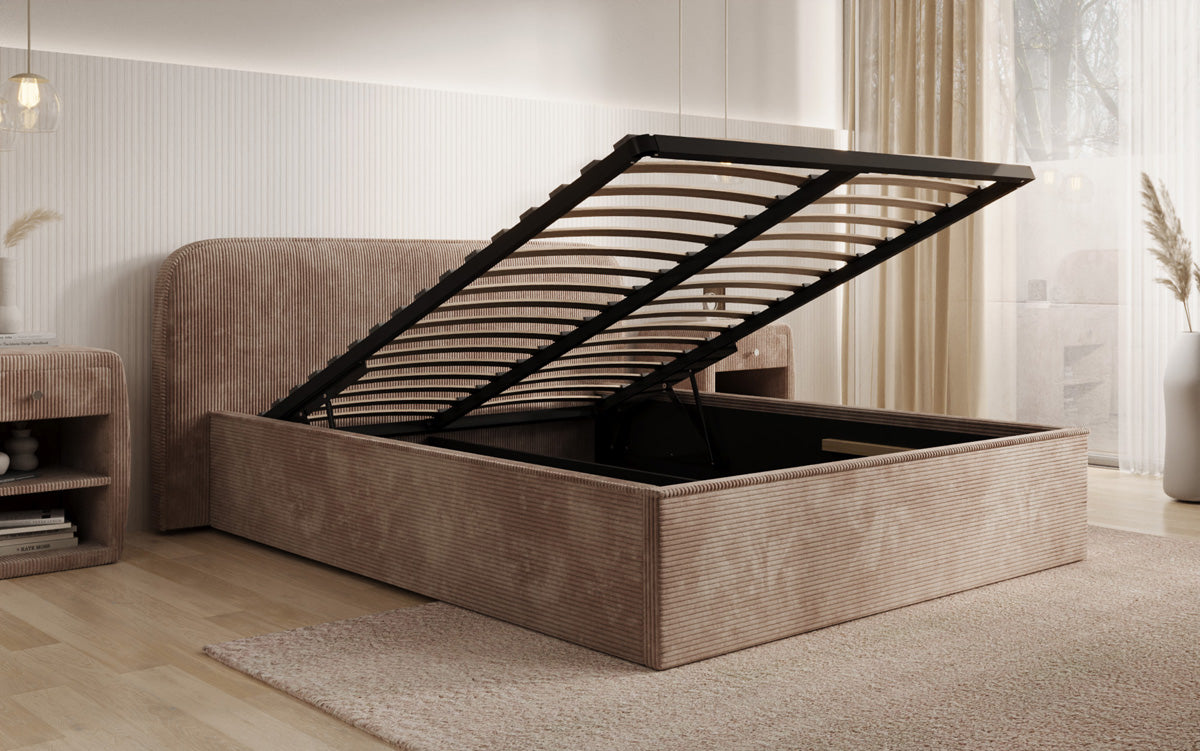 Designer upholstered bed Nola in Corduroy with storage space