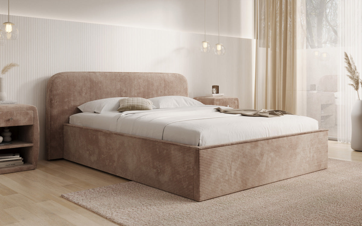 Designer upholstered bed Nola in Corduroy with storage space