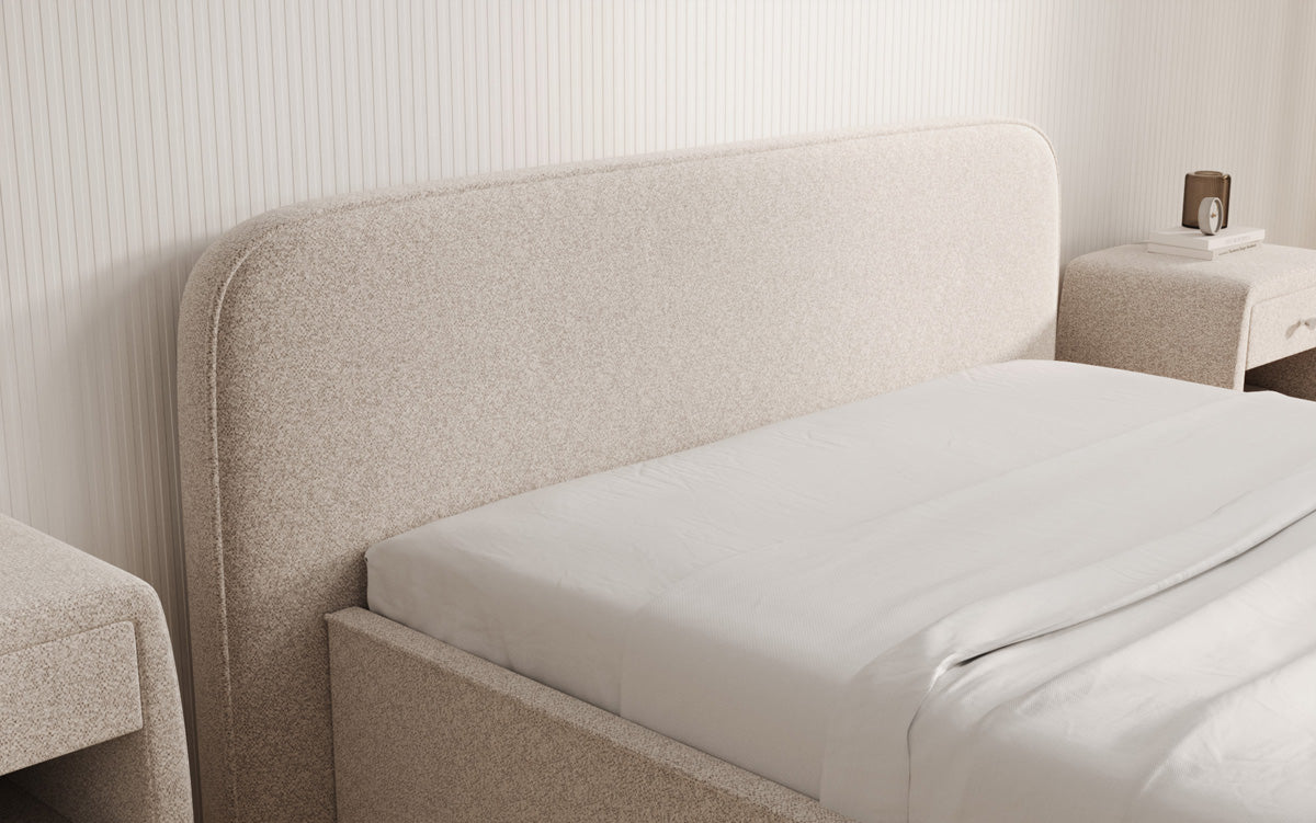 Designer upholstered bed Nola in textured fabric with storage space