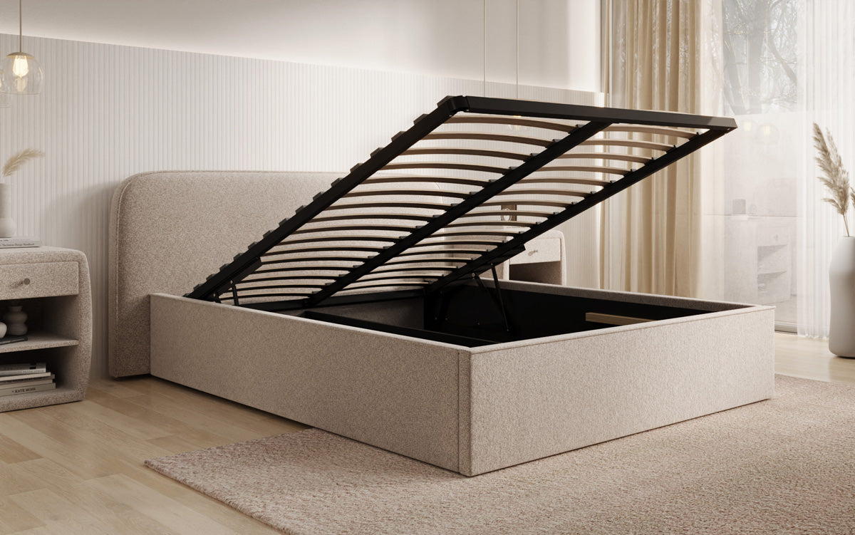 Designer upholstered bed Nola in textured fabric with storage space