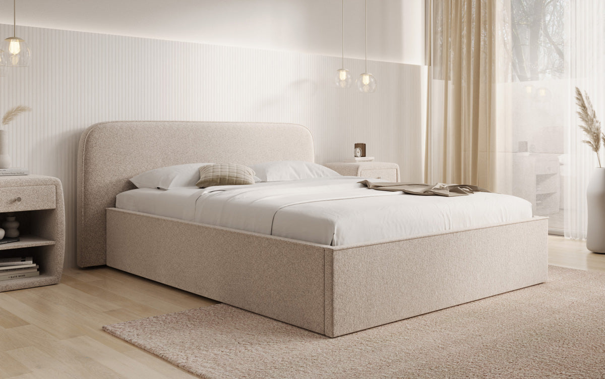 Designer upholstered bed Nola in textured fabric with storage space