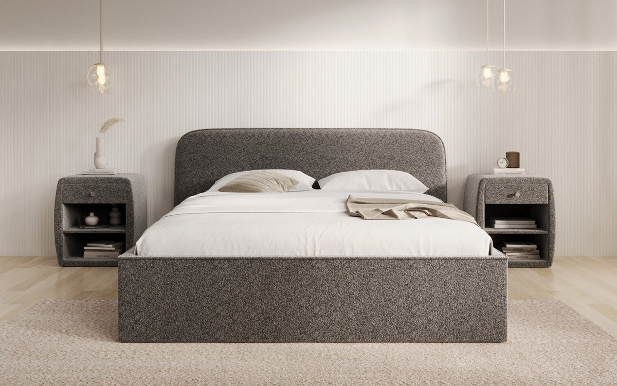 Designer upholstered bed Nola in textured fabric with storage space