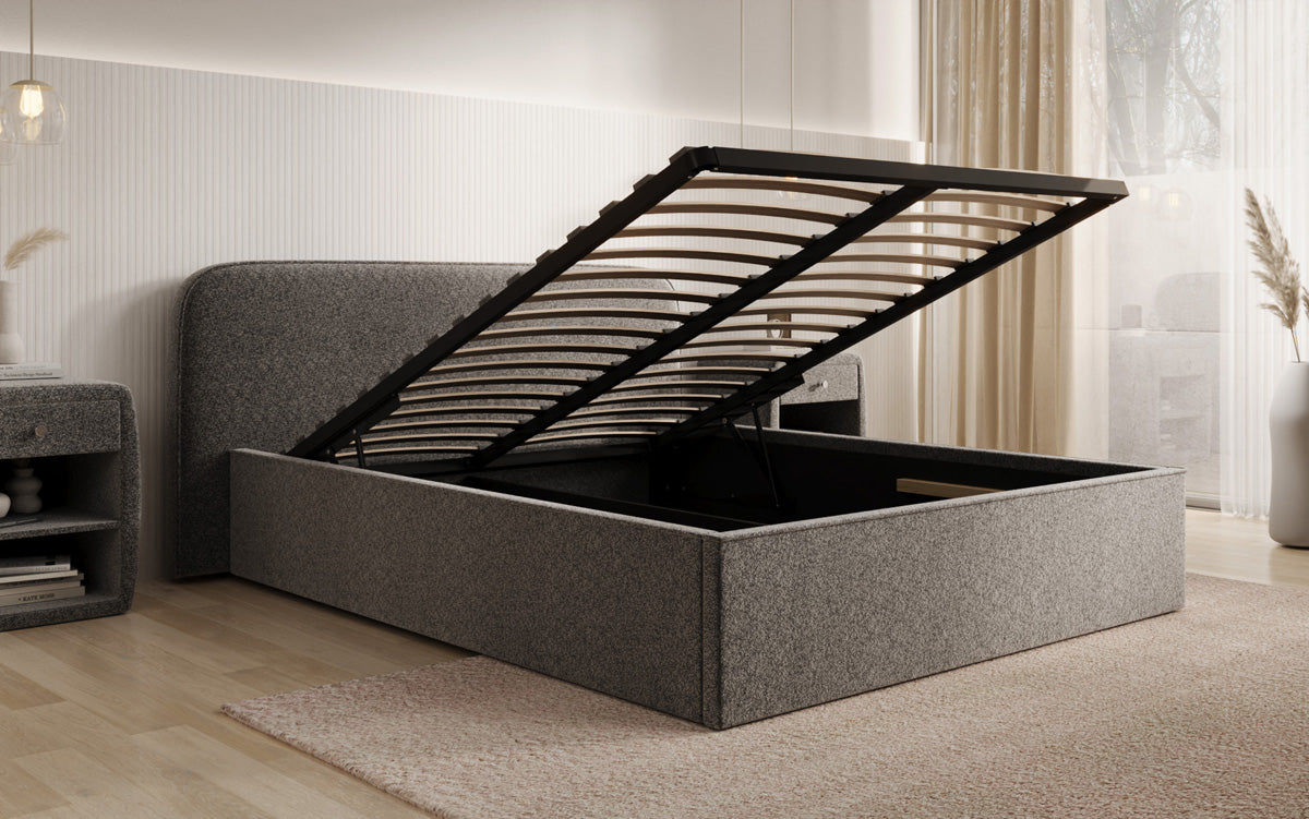 Designer upholstered bed Nola in textured fabric with storage space