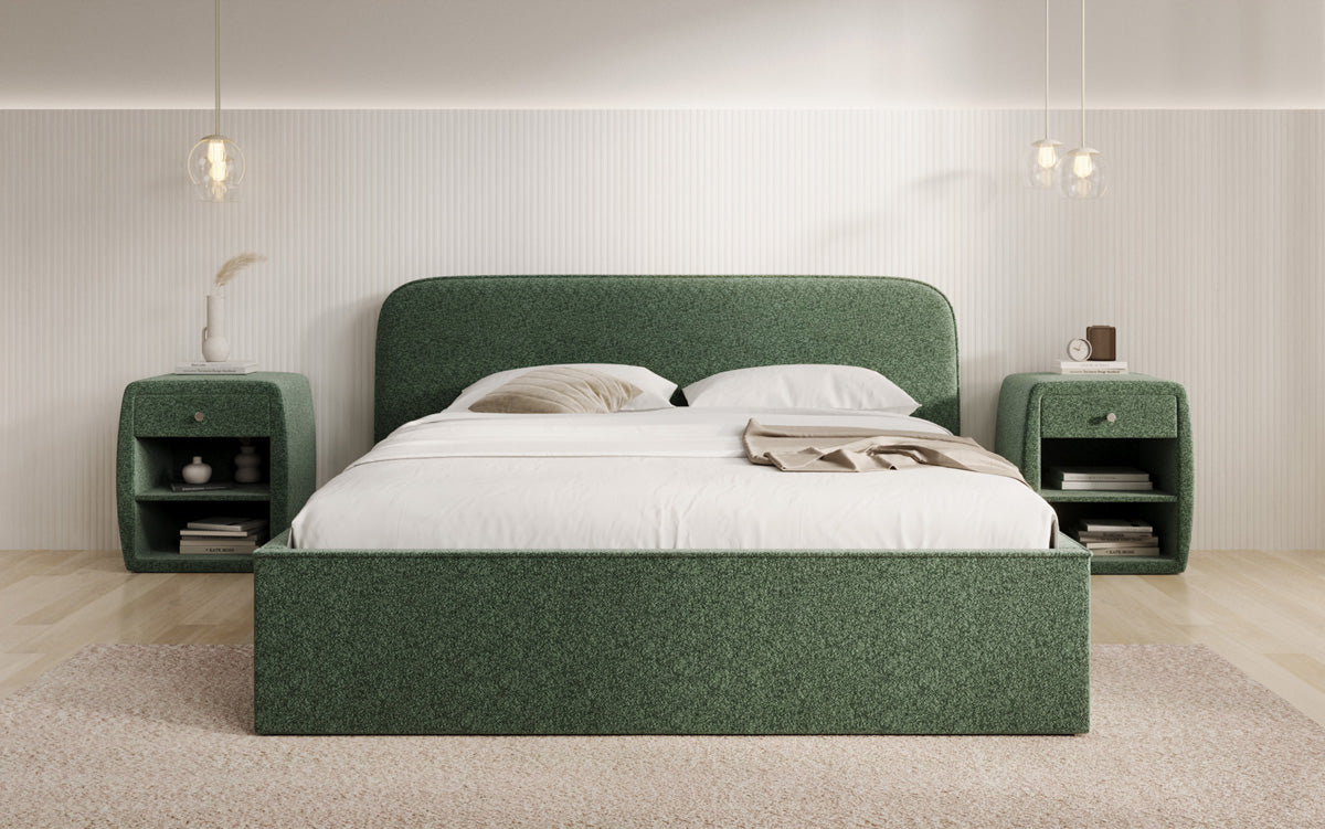 Designer upholstered bed Nola in textured fabric with storage space