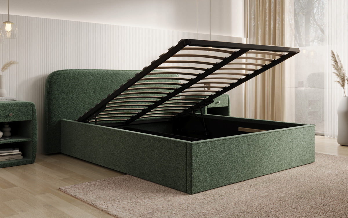 Designer upholstered bed Nola in textured fabric with storage space