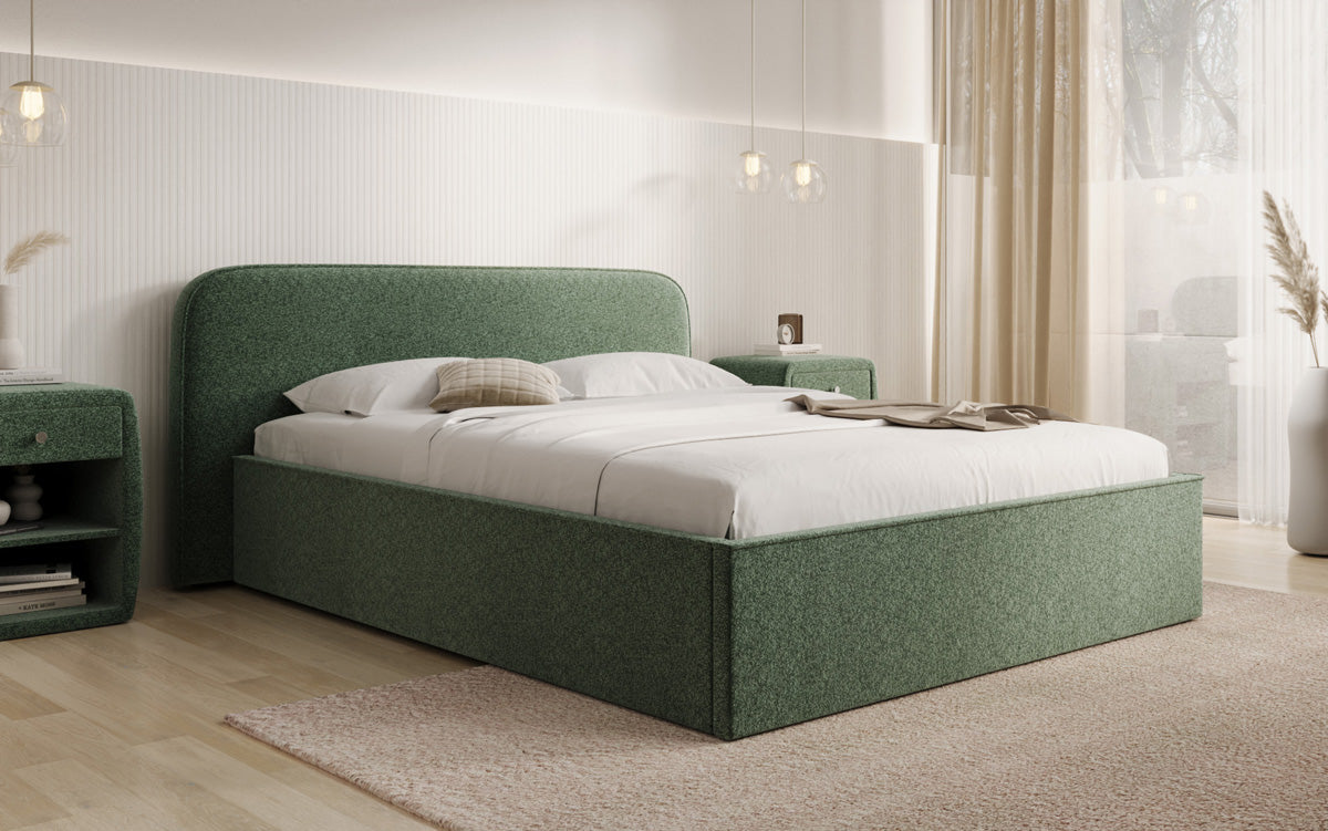 Designer upholstered bed Nola in textured fabric with storage space