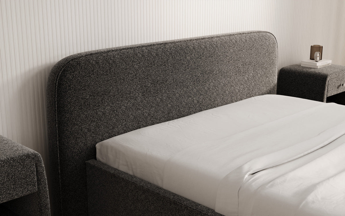 Designer upholstered bed Nola in textured fabric with storage space