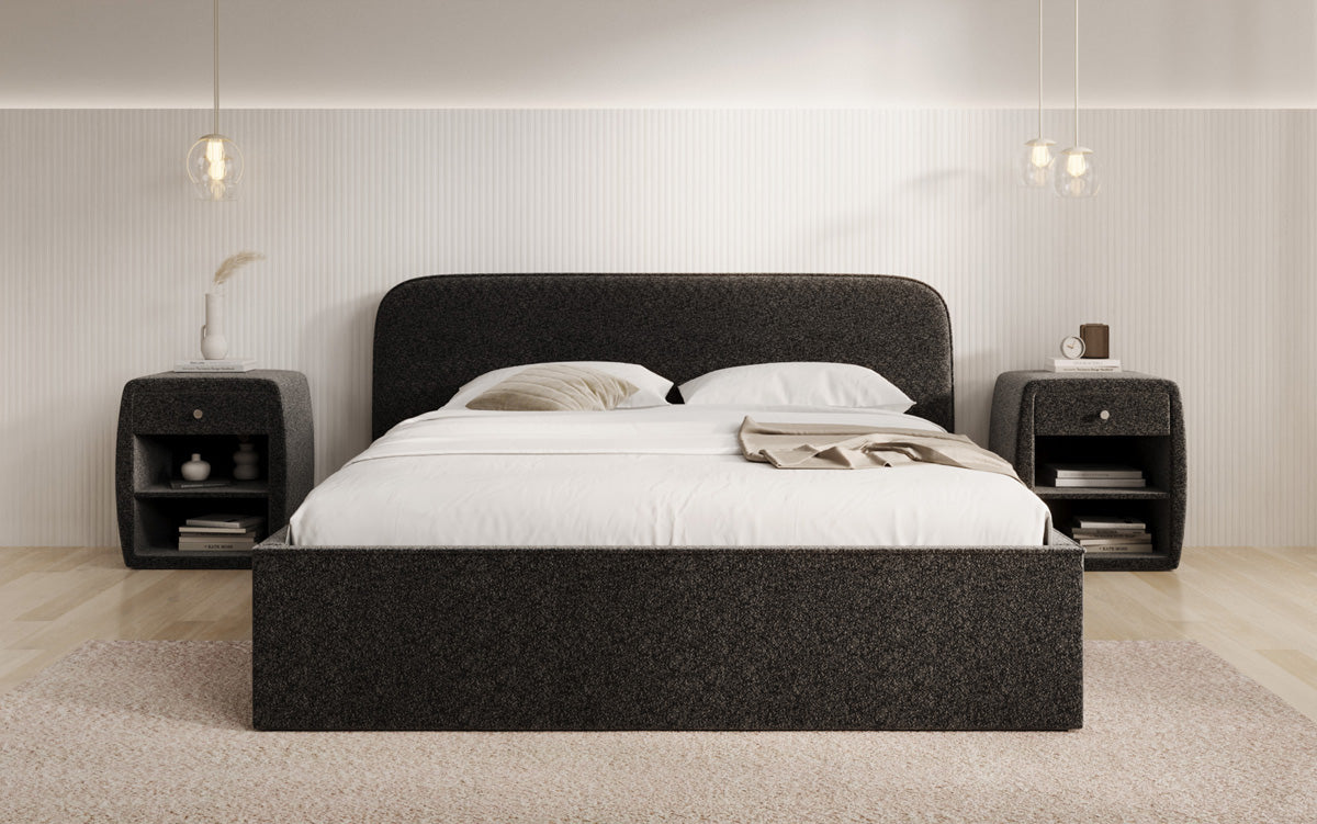 Designer upholstered bed Nola in textured fabric with storage space