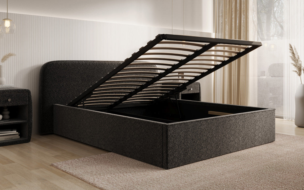 Designer upholstered bed Nola in textured fabric with storage space