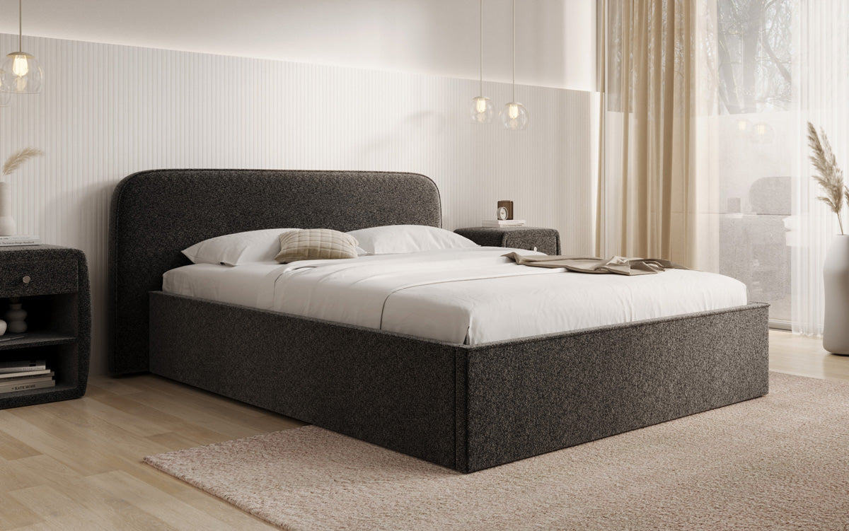 Designer upholstered bed Nola in textured fabric with storage space