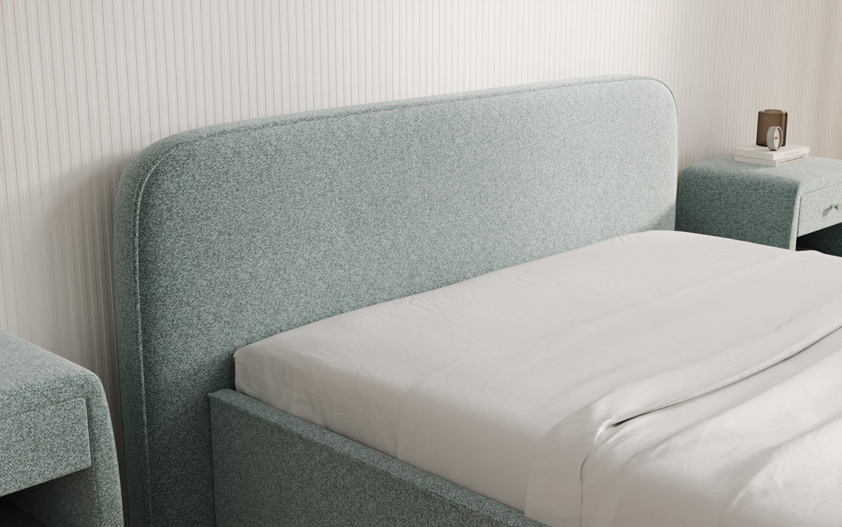 Designer upholstered bed Nola in textured fabric with storage space