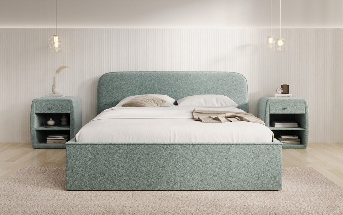 Designer upholstered bed Nola in textured fabric with storage space