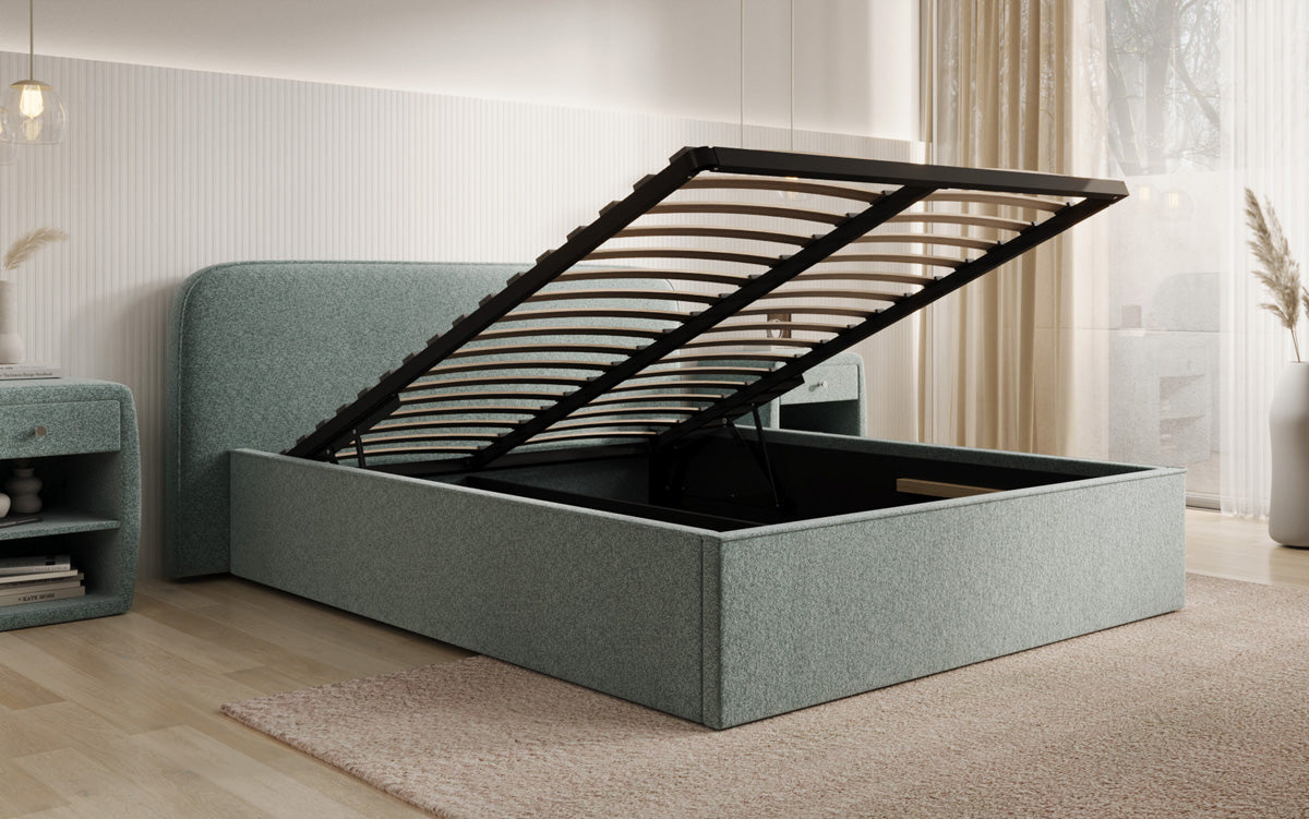 Designer upholstered bed Nola in textured fabric with storage space