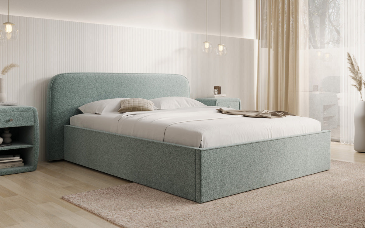 Designer upholstered bed Nola in textured fabric with storage space