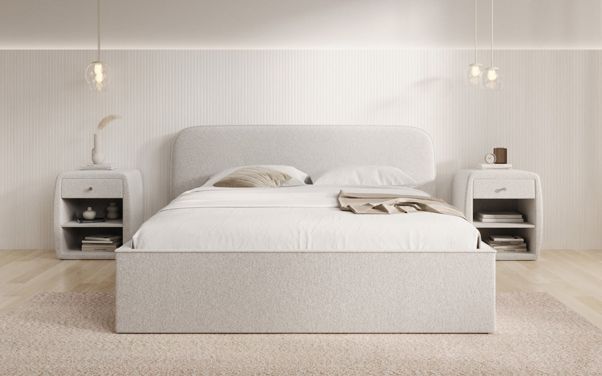 Designer upholstered bed Nola in textured fabric with storage space