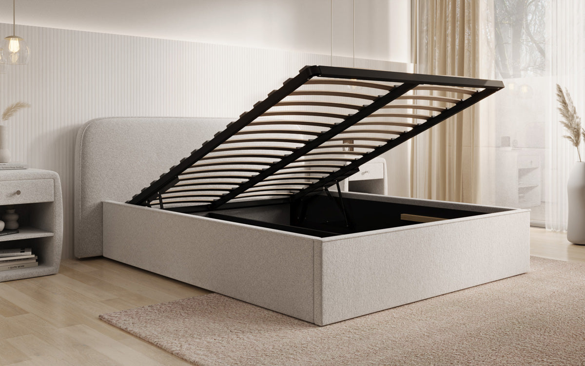Designer upholstered bed Nola in textured fabric with storage space