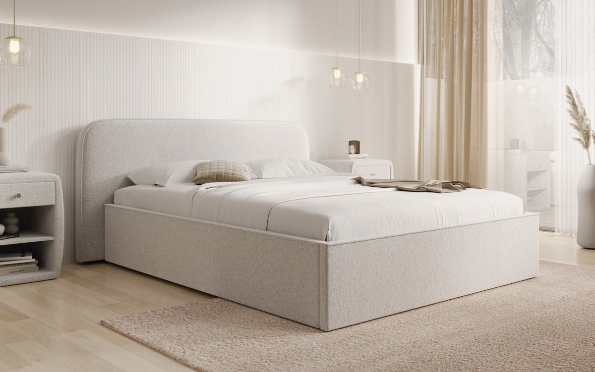 Designer upholstered bed Nola in textured fabric with storage space