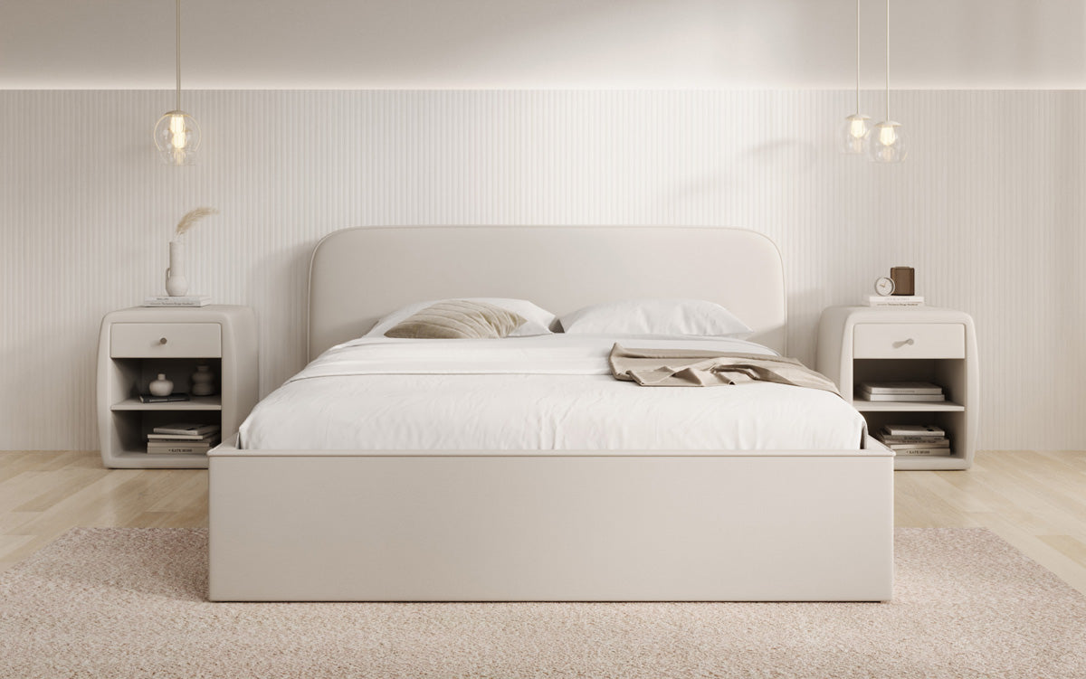 Designer upholstered bed Nola in fabric with storage space