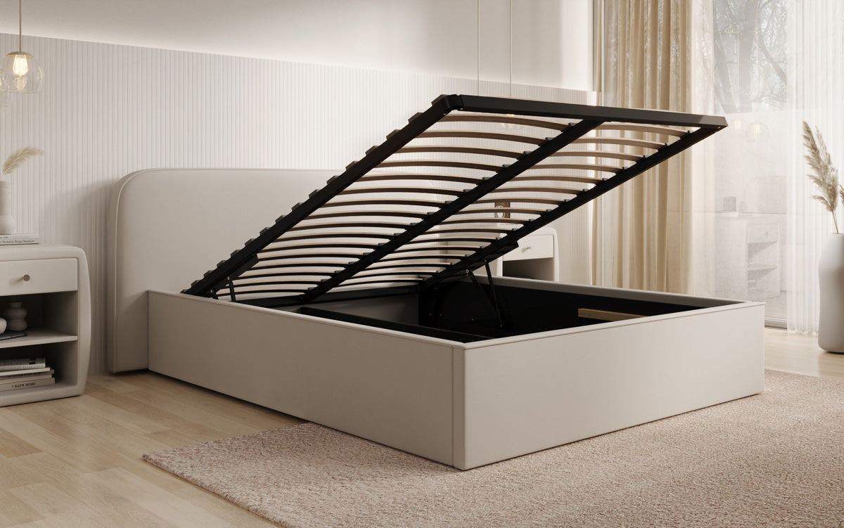 Designer upholstered bed Nola in fabric with storage space